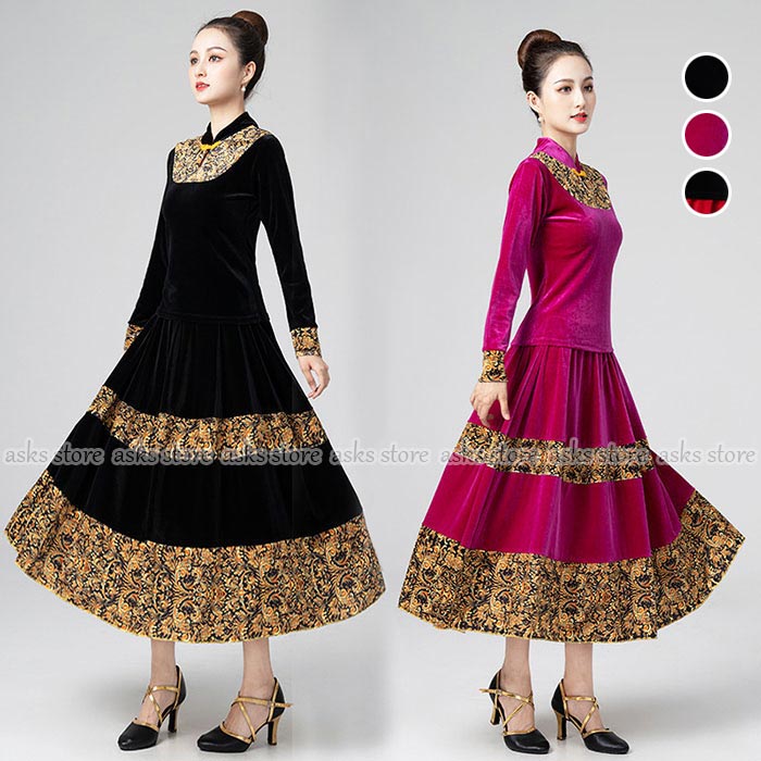 古典ダンス衣装 演出服 長袖 立ち襟トップス ダンススカート 古典舞踊衣装 花柄 上下セット 大人 ベロア フレアスカート 大きい裾 スカート 民族風 発表会 競技着 クラシカル ダンス稽古 モダンダンス 練功服 民族ダンス 社交ダンス 練習着 レッスン着 エレガント おしゃれ