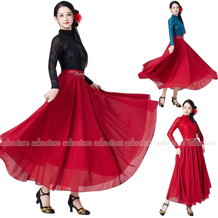 古典ダンス衣装 演出服 チュールスカート 大人 長袖 トップス シースルー ダンススカート 民族風 古典舞踊衣装 花柄 セット フレアスカート 大きい裾スカート 発表会 競技着 クラシカル ダンス稽古 モダンダンス 練功服 社交ダンス 練習着 レッスン着 エレガント おしゃれ