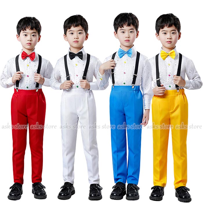 Rakuten - 子供ダンス衣装 スーツ4点セット 男の子 長袖シャツ 蝶ネクタイ ロングパンツ サスペンダー キッズ 舞台ステージ衣装スーツ スパンコール 発表会 合唱 司会者 舞台ステージ衣装 子どもスーツ キッズ ジュニア 合唱団体服 司会 演奏会 文化祭 幼稚園 入園 入学 卒業 おしゃれ