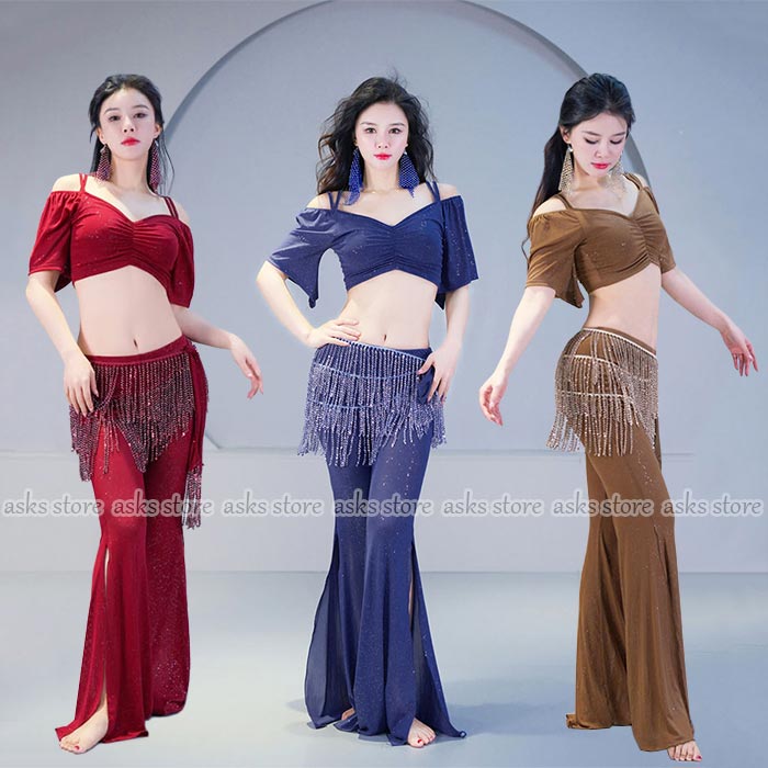 乐天商城 - ベリーダンス衣装 スパンコール 練功服 セットアップ トップス へそ出し 半袖 肩出し ロングパンツ スリット入り ウエストチェーン ラメ入り キラキラ ステージ衣装 セクシー メッシュ 競技着 着痩せ レッスン着 モダンダンス 民族風 練習着 発表会 演出 舞台衣装 おしゃれ