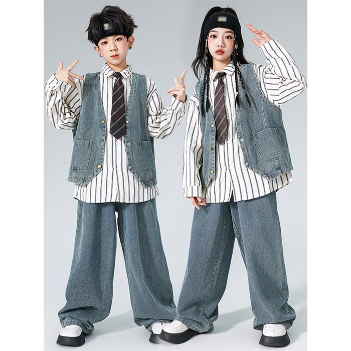 乐天商城 - キッズ ダンス衣装 セットアップ ジャズダンス 子供 男の子 女の子 長袖 シャツ ベスト デニムパンツ ネクタイ カジュアル おしゃれ デニム ストリートダンス 子供ダンス服 チア チアガール 韓国 k-pop ヒップホップ 発表会 演出服 団体服 練習着 ステージ衣装 カッコいい