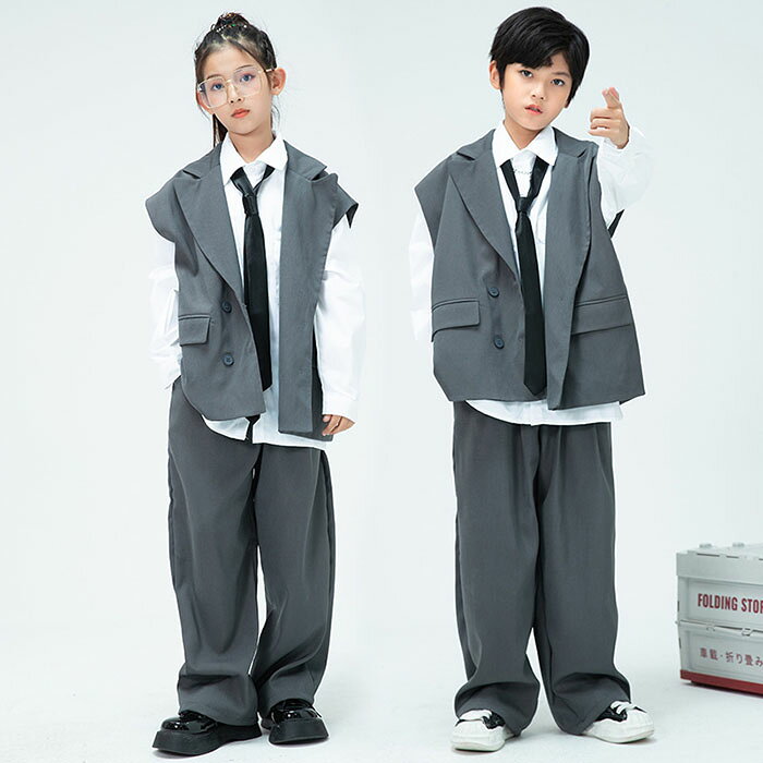 乐天商城 - ダンススーツ キッズ セットアップ ダンス衣装 女の子 男の子 ジャズダンス ノースリーブ ベスト 長袖シャツ パンツ ネクタイ 韓国子供 HIPHOP ポッピング ストリートダンス 発表会 k-pop 子供服 jazz dance スーツベスト ゆったり かっこいい おしゃれ 演出服 団体服 派手