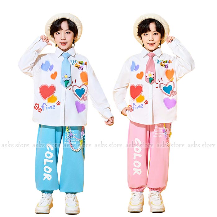 キッズ チアダンス衣装 子供 男の子 幼稚園 キッズ 長袖シャツ ロングパンツ ハート柄 ネクタイ 可愛い チアダンス 応援服 小学生 中学生 合唱 団体服 運動会 学園祭 入学式 卒業式 イベント ジュニア コスチューム 発表会 舞台演出服 ステージ衣装 普段着 子供の日 派手