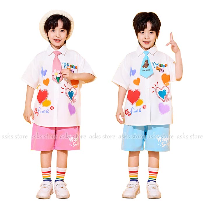 男の子 チアダンス衣装 キッズ 可愛い 子供 幼稚園 キッズ 半袖シャツ ハーフパンツ ハート柄 ネクタイ チアダンス 応援服 小学生 中学生 合唱 団体服 運動会 学園祭 入学式 卒業式 イベント ジュニア コスチューム 発表会 舞台演出服 ステージ衣装 普段着 子供の日 派手