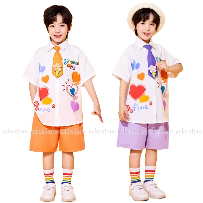 男の子 チアダンス衣装 キッズ 可愛い 運動会 学園祭 半袖シャツ ハーフパンツ ハート柄 ネクタイ チアダンス 応援服 子供 幼稚園 キッズ 小学生 中学生 合唱 団体服 入学式 卒業式 イベント ジュニア コスチューム 発表会 舞台演出服 ステージ衣装 普段着 子供の日 派手