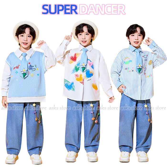 キッズ チアダンス衣装 男の子 長袖シャツ ロングパンツ デニムパンツ ネクタイ 可愛い ジャズダンス 応援服 子供 幼稚園 小学生 中学生 合唱 団体服 運動会 学園祭 入学式 卒業式 イベント ジュニア コスチューム 発表会 舞台演出服 ステージ衣装 普段着 子供の日 派手