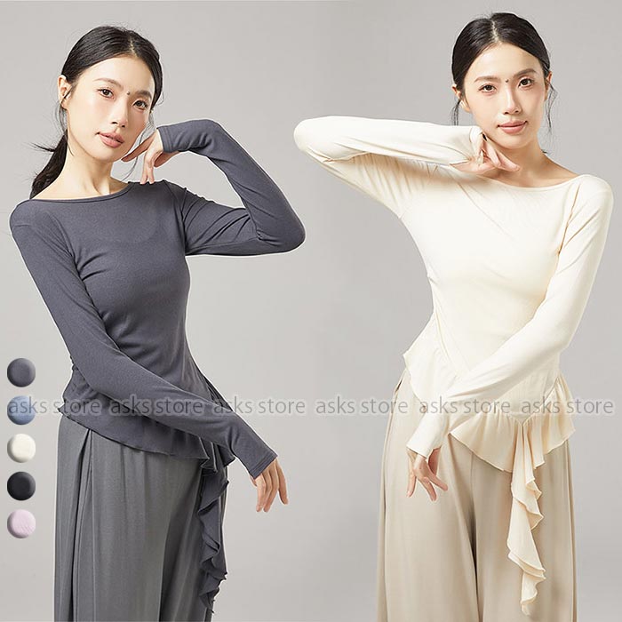古典ダンス トップス モダンダンス 衣装 トップス 裾フリル 古典ダンス トップス 長袖 指穴 リボン レディース 練功服 バレエ 競技着 エレガント ステージ衣装 発表会 クラシカル ダンス 練習着 レッスンウエア ヨガ バレエ ひらひら 美シルエット 中華民族ダンス 衣装