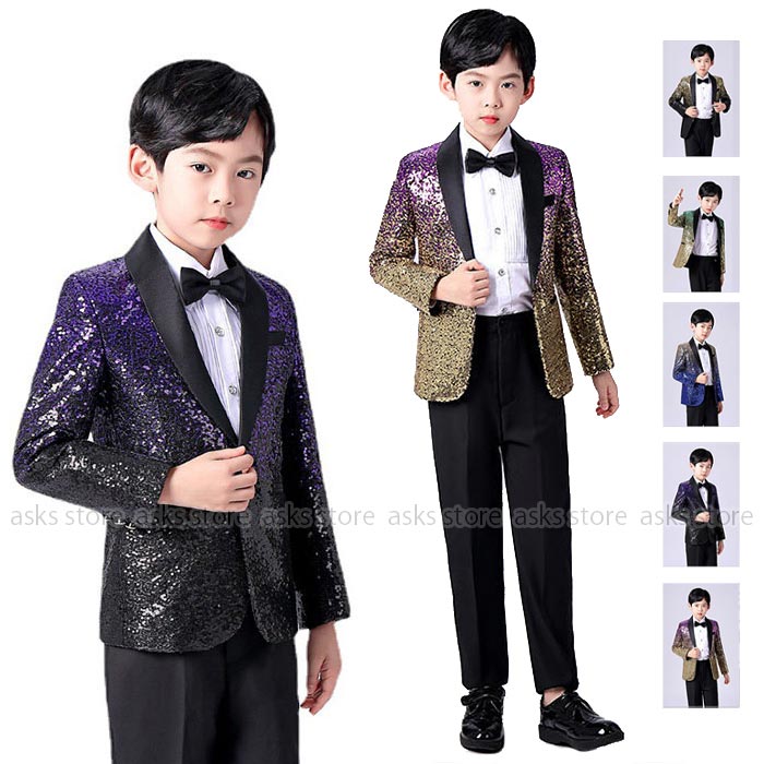 Rakuten - キッズ スパンコール スーツ グラデーション 配色 ジャケット パンツ シャツ 蝶結び セット選択可 男の子スーツ 礼服 子供スーツ フォーマルスーツ 発表会 ステージ衣装 演出 司会者 ジュニア 紳士服 入学式 誕生日 入園式 卒園式 卒業式 入学式 演奏会 結婚式 小学生 七五三