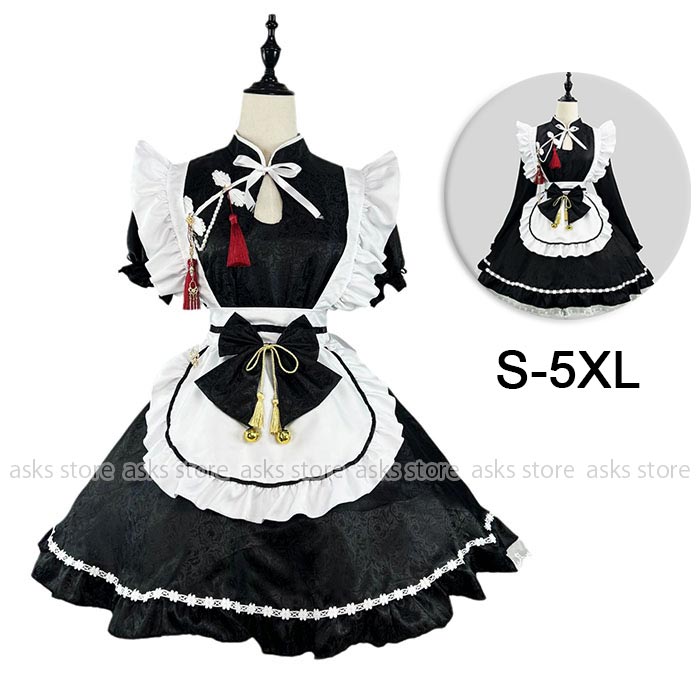ロリータドレス メイド服 セット ワンピース エプロン 蝶結び タッセル ジャガード ロリータ コスチューム ロリータ 可愛い フリル コスプレ衣装 洋服 ウェイトレス カフェ 中華風 ドレス パーティー イベント ゴスロリ 喫茶店 仮装 ハロウィン 男性ウケ 大きいサイズ S-5XL