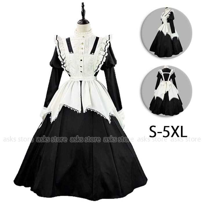 ロリータドレス ゴスロリ メイド服 ウェイトレス 長袖 ワンピース エプロン セットアップ ロングワンピ..