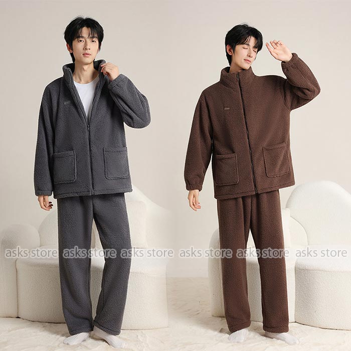 乐天商城 - メンズ パジャマセット 大人 ルームウェア 冬用 ふわふわ パジャマ ボア もこもこ 冬 暖かい 厚手 前開き ふんわり メンズ 長袖 ロングパンツ 部屋着 無地 男性用 寝間着 普段着 ナイトウェア ゆったり シンプル リラックス ウェア 暖かい 体型カバー おしゃれ