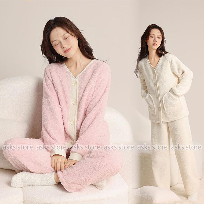 乐天商城 - パジャマ レディース 冬着 セットアップ ルームウェア Vネック 女性 長袖 ポケット付き 上下セット ロングパンツ 厚手 防寒 ふんわり もこもこ ボア 起毛 ルームパンツ ナイトウェア パジャマ 部屋着 ゆったり あったか もこもこ 普段着 外出 散歩 無地 プレゼント 20代 30代