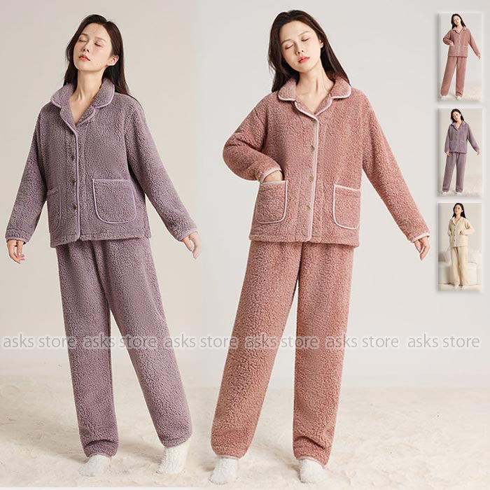 Rakuten - 部屋着 冬 パジャマ レディース セットアップ 長袖 ポケット付き ボア 起毛 ロングパンツ ルームパンツ ルームウェア 女性 上下セット 厚手 防寒 ふんわり もこもこ ナイトウェア パジャマ ゆったり あったか もこもこ 普段着 外出 散歩 無地 シンプル プレゼント 20代 30代