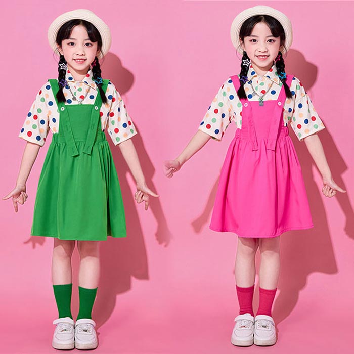 子供 ダンス 応援服 女の子 可愛い ステージ衣装 幼稚園 キッズ 半袖シャツ サスペンダースカート カラフル チアガール キッズ チアダンス衣装 小学生 中学生 合唱 団体服 運動会 学園祭 入学式 卒業式 イベント ジュニア コスチューム 発表会 舞台演出服 普段着 子供の日