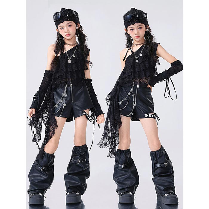 Rakuten - 女の子 かわいい ジャズダンス衣装 キッズダンス ヒップホップ セットアップ ノースリーブ 肩出し レース アシンメトリー ショートパンツ hiphop ダンス衣装 幼稚園 小学生 ジュニア 発表会 ステージ衣装 大きいサイズ チアガール チアダンス 団体演出 イベント用 カッコいい