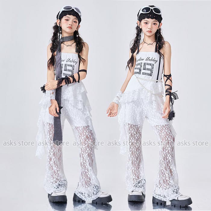 Rakuten - 女の子ジャズダンス衣装 韓国風 キッズ ヒップホップ トップス ノースリーブ レース アシンメトリー ダンス衣装 セットアップ ロングパンツ シースルー 幼稚園 小学生 文化祭 学園祭 ステージ衣装 HIPHOP 舞台演出服 子供 JAZZ DANCE 女の子 団体服 演出服 K-pop かわいい