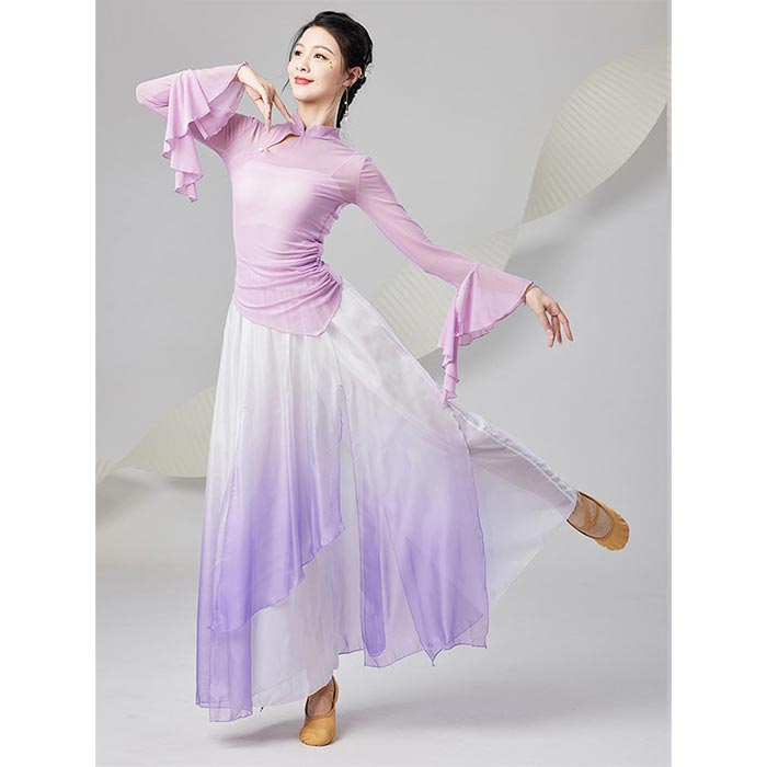 Rakuten - 古典舞踊ダンスウエア 練習着 中華風 ダンス トップス 立ち襟 シースルー フレア袖 ふわんり 古典ダンス衣装 ガウチョパンツ グラデーション 団体服 お揃い 練功服 飄逸 ダンス稽古 民族ダンス レッスン着 演出服 大人 モダンダンス ステージ衣装 扇子ダンス 美シルエット