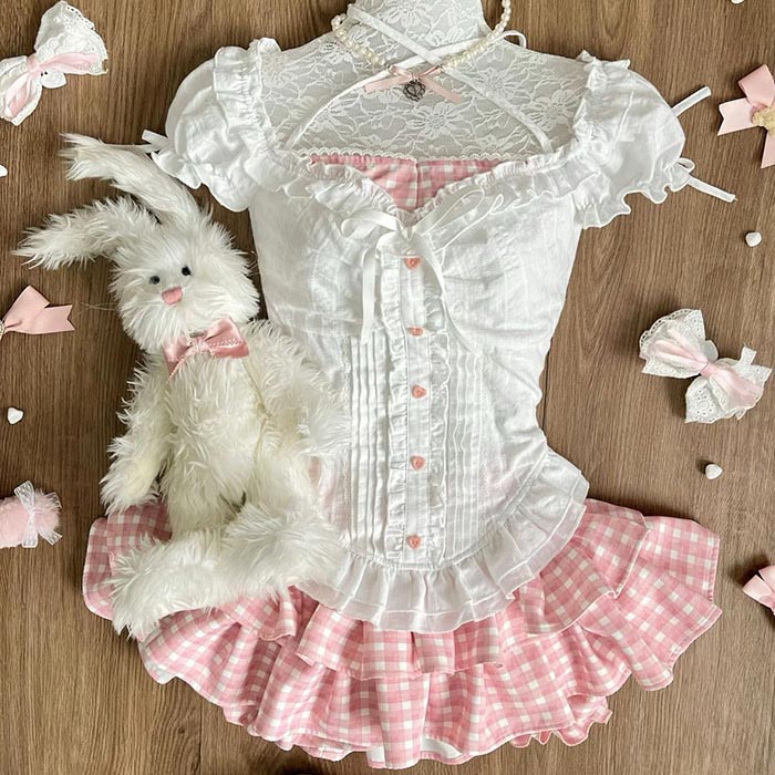 Rakuten - ロリータ トップス 半袖 スカート 配色 レディース コスプレ衣装 セットアップ かわいいメイド服 プリンセス 文化祭 学園祭 コスチューム 仮装 ロリータ ウェイトレス 喫茶店 カフェ ハロウイン 可愛い 姫様 ロリータ風 森ガール ゴスロリ ゴシック 目立つ ギフト 彼女
