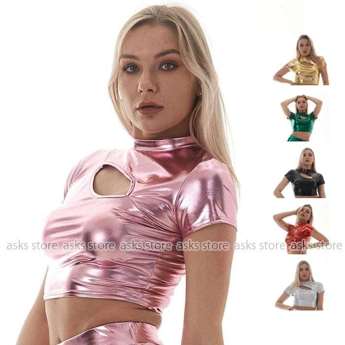 樂天商城 - ナイトクラブ ステージ衣装 ダンス演出服 半袖 トップス へそ出し ジャズダンス衣装 欧米風 ダンストップス チアダンス かわいい セクシー メタリック エナメル ピカピカ 舞台衣装 ヒップホップ ダンスウェア メタル ステージ衣装 パーティー コスプレ ハロウイン 仮装 過激