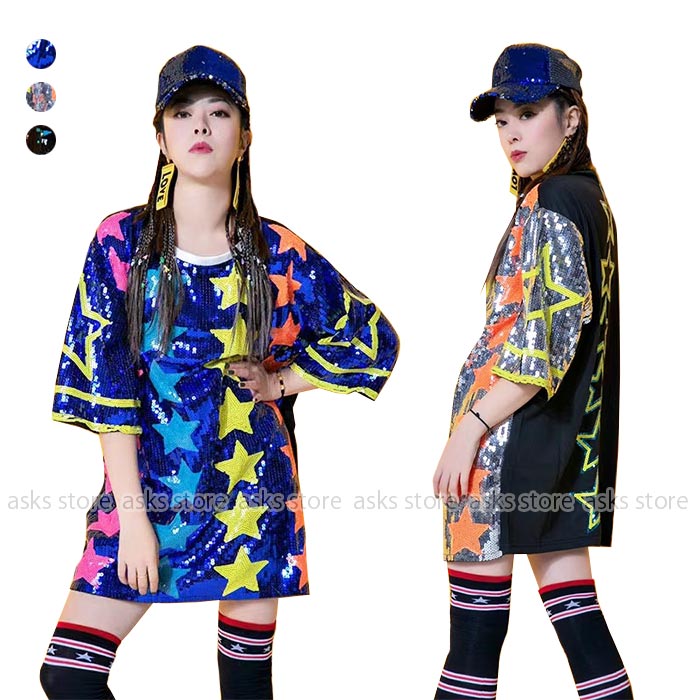 Rakuten - ステージ衣装 レディース スパンコール 半袖 トップス 星柄 配色 キラキラ ダンス衣装 大人 チアダンス ジャズダンス ヒップホップ ミディアム丈 JAZZ チアガール DS ダンス衣装 DJ ナイトクラブ 夜店 演出服 韓国 k-pop チア アイドル衣装 応援団 公演服 夜店 おしゃれ