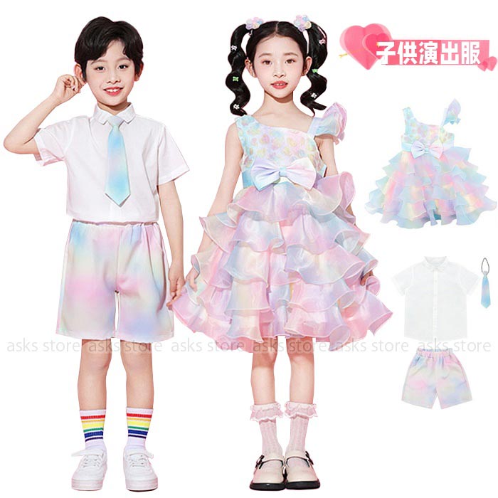 Rakuten - キッズ チアダンス 衣装 子供服 夏服 子ども ワンピース チュールスカート パンツセット 半袖シャツ ネクタイ グラデーション 応援服 演出服 チアガール ダンス衣装 幼稚園 ジュニア お揃い 合唱服 団体服 運動会 体育祭 入学式 卒業式 園服 舞台ステージ演出服 可愛い