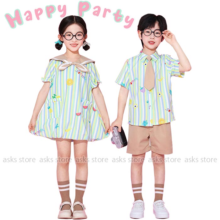 乐天商城 - ステージ衣装 男の子 女の子 夏服 子ども 半袖シャツ ワンピース ハーフパンツ ネクタイ 靴下 縞柄 キッズ チアダンス 衣装 入学式 卒業式 小学生 子供スーツ 応援服 演出服 チアガール 幼稚園 ジュニア お揃い 合唱服 団体服 運動会 体育祭 園服 舞台演出服 可愛い 誕生日会