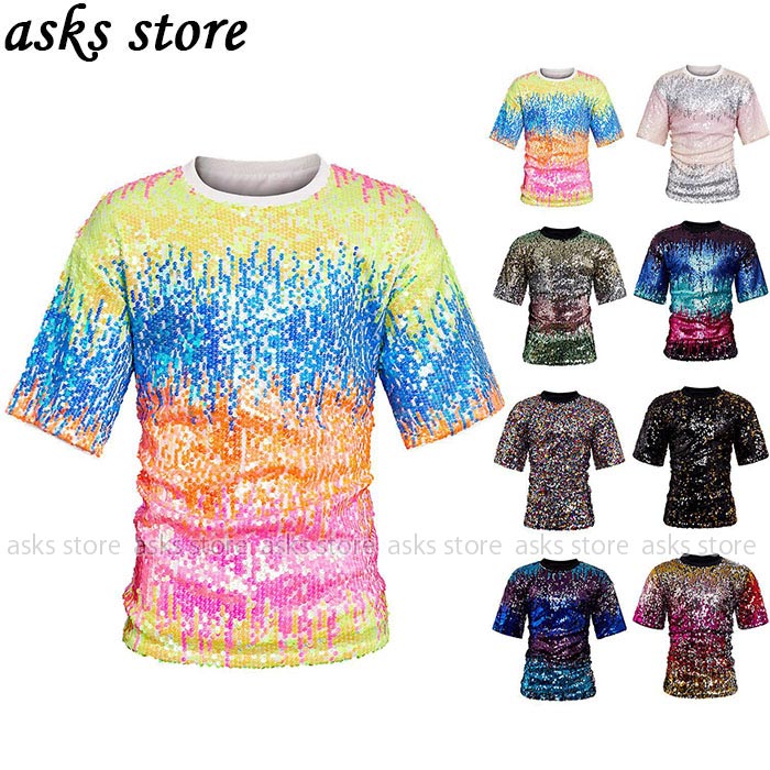乐天商城 - きらきらダンストップス 半袖 配色 メンズスパンコールtシャツ ジャズダンス衣装 カジュアル 舞台演出服 jazz ステージ衣装 カラオケトップス ジャズダンス衣装 hiphop かっこいい キラキラ イケメン 忘年会 団体服 パフォーマンス衣装 ロック風 歌手 バー お揃い 目立つ