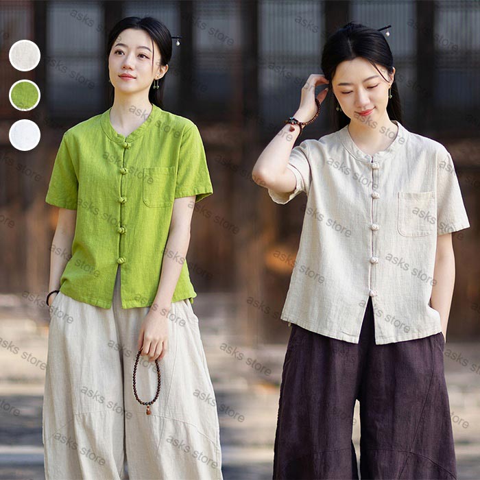 Rakuten - 半袖tシャツ レディース ラミーtシャツ チャイナボタン 唐装 綿麻トップス 中国風 綿麻 コットンリネン ラミー素材 ポケットあり 夏 体型カバー ナチュラル 大人 かわいい 春 秋 無地 薄手 綿混 麻混 トップス 着痩せ 通勤 普段着 ママ ギフト シンプル 可愛い カジュアル