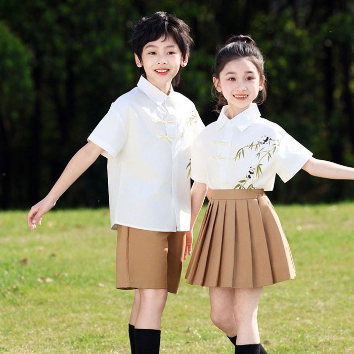 Rakuten - 子ども服 上下セット 半袖 シャツ 竹柄 パンダ スカート ショートパンツ 小学生 キッズ 応援団衣装 幼稚園 イベント 合唱 運動会 発表会 中華風 卒業式 制服 子供服 チアダンス 女の子 男の子 団体服 チーム衣装 韓国風 発表会 演出服 お遊戯会 イベント お揃い かわいい