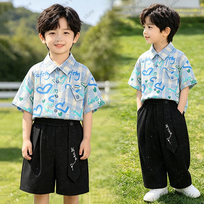 乐天商城 - 子ども服 男の子 アロハシャツ ハート柄 3点セットアップ キッズ 男の子 ショートパンツ ロングパンツ ラメ入り ネクタイ 上下セット カラフル カジュアルシャツ 半袖シャツ 心柄 総柄 こども服 ジュニア ベビー服 子供シャツ 遊び おしゃれ ハワイアン リゾート 夏物 可愛い