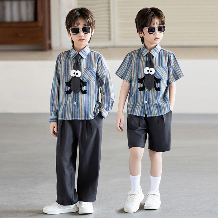 乐天商城 - 子ども服 男の子 半袖 長袖 シャツ 縞柄 3点セットアップ キッズ 男の子 ショートパンツ ロングパンツ ネクタイ 上下セット ストライプ柄 幼稚園 小学生 ステージ衣装 司会者 合唱 団服 カジュアル こども服 ジュニア ベビー服 遊び おしゃれ ギフト 誕生日 夏物 可愛い