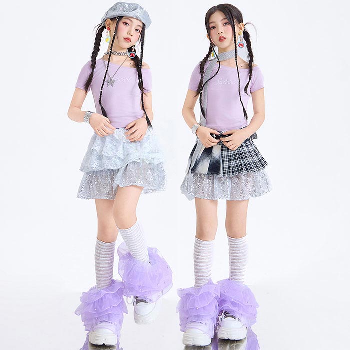 乐天商城 - ジャズダンス衣装 キッズ ヒップホップ 女の子 韓国風 チアダンス 半袖tシャツ 肩出し ミニスカート ヒップスカーフ セットアップ レース アイドル ガールズ キッズダンス衣装 卒業式 かっこいい イベント 発表会 ステージ衣装 y2k k-pop おしゃれ jazz 団体服 演出服 お揃い