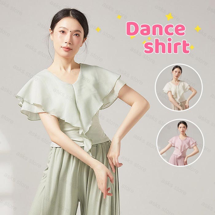 乐天商城 - 古典舞踊 ダンストップス 半袖 ブラウス Vネック 重ねフリル 古典ダンス衣装 ダンス トップス ひらひら 飄逸 レディース クラシカル 中華古典舞踊 社交ダンス モダンダンス レッスン着 練習着 舞台 演出服 団体服 ヨガ 新体操 バレエ エレガント 普段着 ダンス授業 おしゃれ