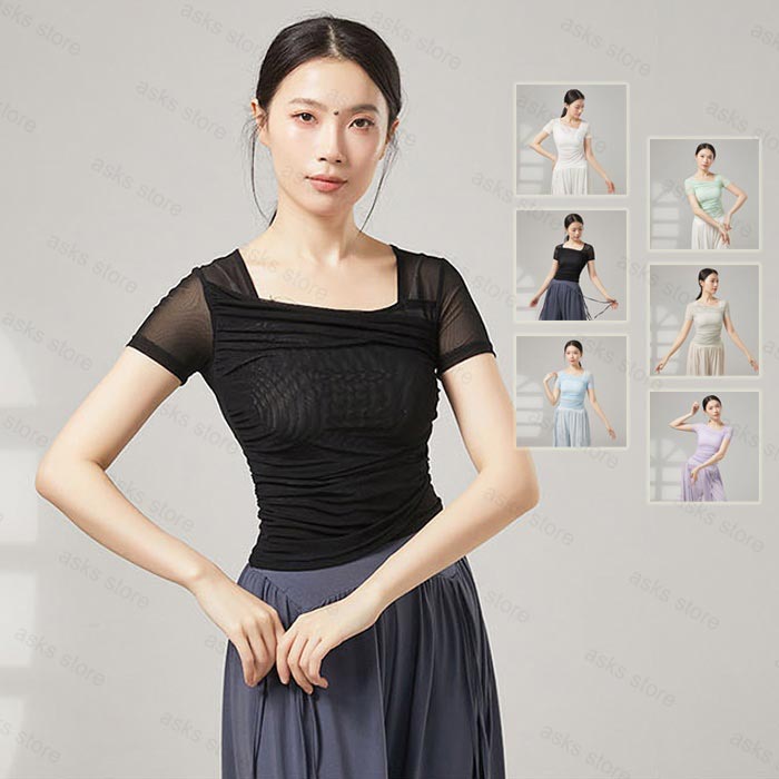 乐天商城 - ダンストップス 半袖 メッシュ シースルー バレエトップス モダンダンス トップス 練功服 レディース レッスン着 古典ダンス衣装 ダンス 発表会 着痩せ 古典舞踊 社交ダンス 練習着 舞台 演出服 団体服 ヨガ 新体操 バレエ 普段着 ダンス授業 柔らかい おしゃれ エレガント