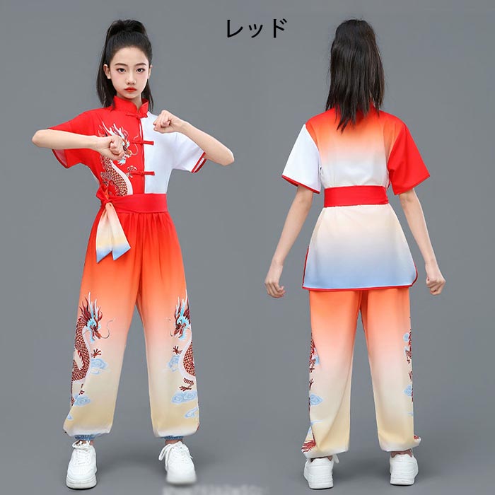 asks Dance Gearの子ども武術服 舞台演出服 ステージ衣装 太極拳ウェア 競技着 上下セット 男女兼用 半袖 グラデーション 龍柄 練功服 カンフーウェア 女の子 男の子 キッズ ジュニア 中華風 演武用 子供服 学園祭 文化祭 イベント 発表会 卒業式 コスプレ衣装 コスチューム 拳法 気功 格闘技｜アングル3