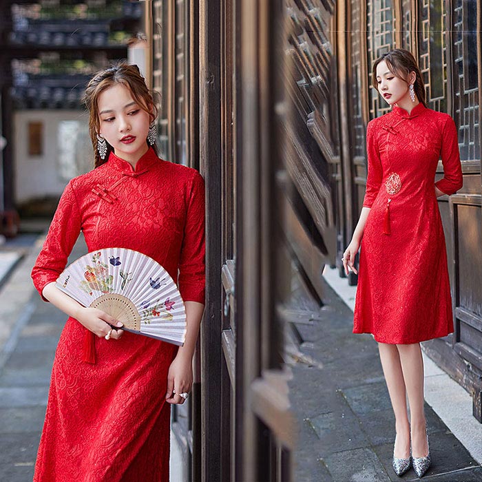 チャイナドレス 総柄 フォーマルドレス 七分袖 花レース 花刺繍 膝丈 タッセル ワンピース チャイナ風 イベント パーティー 二次会 お呼ばれ 結婚式 宴会 コスプレ衣装 セクシー コスチューム チャイナ服 普段着 歓迎会 学園祭 ステージ S-4XL 大きいサイズ 20代 30代 40代