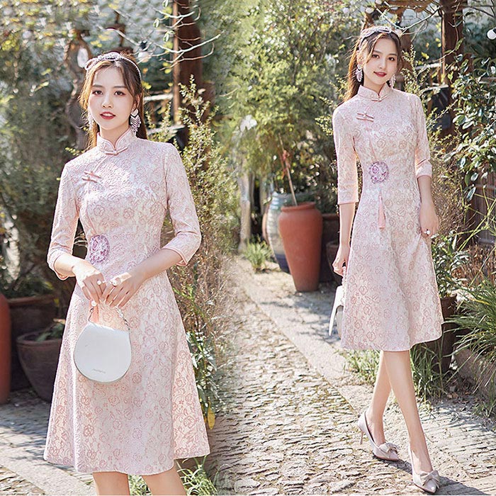チャイナドレス 総柄 フォーマルドレス 七分袖 花レース 花刺繍 膝丈 タッセル ワンピース チャイナ風 イベント パーティー 二次会 お呼ばれ 結婚式 宴会 コスプレ衣装 セクシー コスチューム チャイナ服 普段着 歓迎会 学園祭 ステージ S-4XL 大きいサイズ 20代 30代 40代