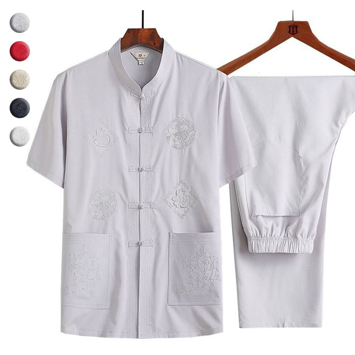 メンズ中華服 上下セット 全5色 トップス 半袖 前開き 春夏 涼感 チャイナボタン 龍刺繍 ロングパンツ 唐装漢服 普段着 朝練 武術 カンフー 練習着 表演服 団体服 スポーツ 拳法 演武 気功 武術練功服 太極拳ウェア 父の日 ギフト 敬老日 涼しい ゆったり