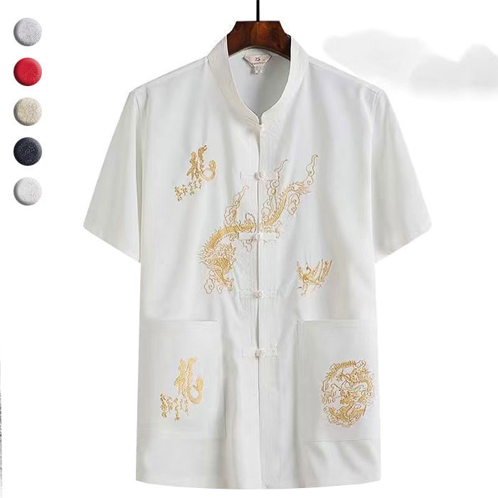 メンズ チャイナシャツ 全5色 前開き 唐装漢服 太極拳ウェア 半袖 トップス 中華服 春夏 涼感 チャイナボタン 刺しゅう 龍柄 唐装漢服 普段着 朝練 武術 カンフー 練習着 表演服 団体服 スポーツ 拳法 演武 気功 武術練功服 父の日 ギフト 敬老日 涼しい ゆったり