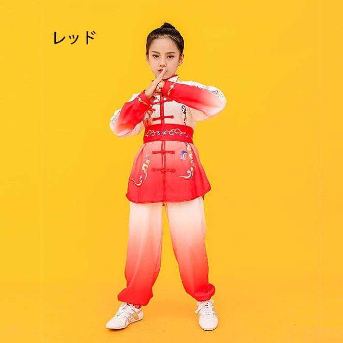 asks Dance Gearの太極拳ウェア 男女兼用 キッズ 中華服 上下セット 長袖 ロングパンツ グラデーション プリント柄 龍柄 子供カンフー衣装 スポーツウェア 武術練功服 ステージ衣装 女の子 男の子 演武用 武術服 公演 ジュニア 学園祭 文化祭 イベント 舞台演出服 団体お揃い ユニセックス｜アングル3