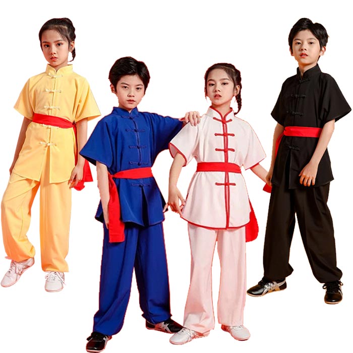 太極拳ウェア キッズ 演武服 半袖 シャツ ロングパンツ 無地 配色 スポーツウェア 武術練功服 上下セット 子供カンフー衣装 ステージ衣装 女子男子 演武用 ユニセックス 武術服 気功 公演 男女兼用 中華服 ジュニア 学園祭 文化祭 イベント 舞台演出服 団体お揃い カッコいい
