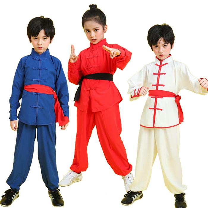 太極拳ウェア キッズ 武術服 男女兼用 中華服 上下セット 演武服 長袖 シャツ ロングパンツ 無地 配色 スポーツウェア 武術練功服 子供カンフー衣装 ステージ衣装 女子 男子 演武用 ユニセックス 公演 ジュニア 学園祭 文化祭 イベント 舞台演出服 団体お揃い カッコいい