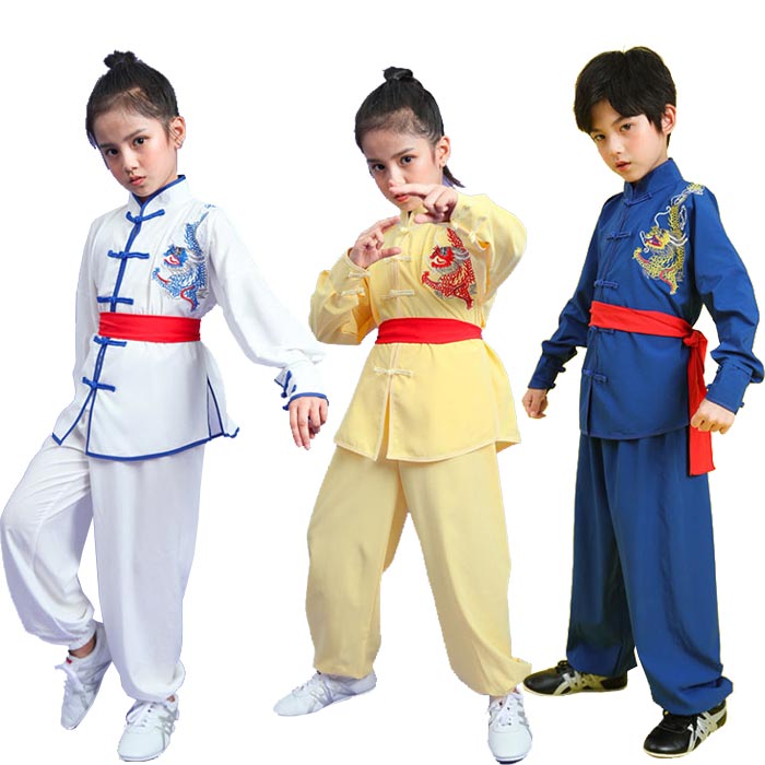 子供カンフー衣装 ステージ衣装 子供中華服 武術服 ジュニア キッズ 演武服 長袖 シャツ ロングパンツ 龍柄 配色 スポーツ 練功服 上下セット 学園祭 文化祭 イベント 舞台演出服 太極拳ウェア 女子 男子 演武用 ユニセックス 気功 公演 男女兼用 団体お揃い カッコいい