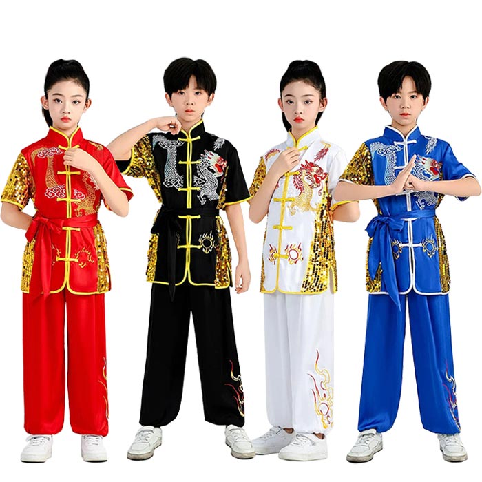 子供中華服 スパンコール ステージ衣装 キラキラ 半袖 シャツ ロングパンツ 刺しゅう 龍柄 配色 武術服 子供カンフー衣装 男女兼用 ジュニア キッズ 演武服 練功服 上下セット 学園祭 文化祭 イベント 舞台 太極拳ウェア 演武用 ユニセックス 公演 団体お揃い カッコいい