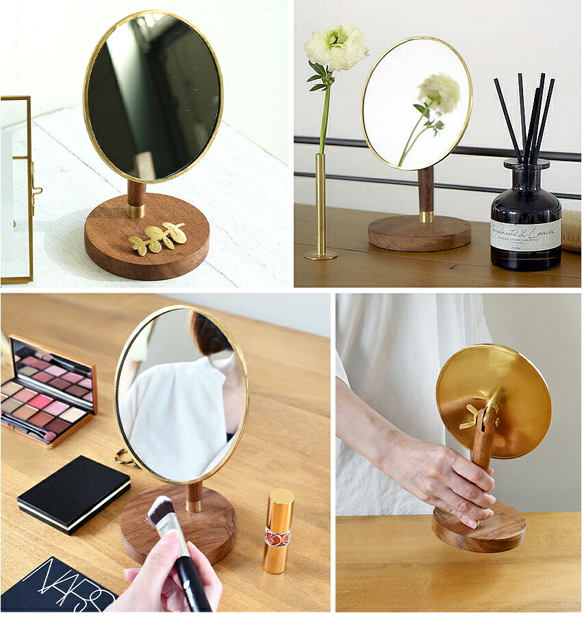 真鍮とアカシアの卓上ミラー 鏡 スタンド型 メイク 化粧 BRASS&WOOD 北欧 ナチュラル ヴィンテージ 木製 真鍮 スタンドミラー デスクミラー モダン ゴールド 角度調節可能 置き型 卓上 玄関 寝室 インテリア レトロ おしゃれ かわいい ギフト プレゼント IT809 [2]