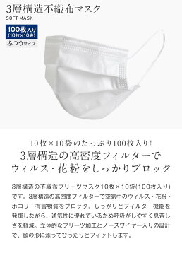 あす楽対応 三層不織布マスク 100枚 ホワイト レギュラーサイズ BFE99% 袋梱包 10枚入×10袋 ふつうサイズ 大人用 使い捨てマスク 3層構造 ノーズフィッター プリーツ 白色 衛生マスク ウイルス対策 ハウスダスト 花粉 送料無料 即納可能 ZK109-100WH