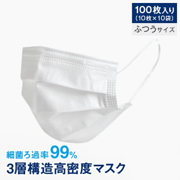 あす楽対応 三層不織布マスク 100枚 ホワイト レギュラーサイズ BFE99% 袋梱包 10枚入×10袋 ふつうサイズ 大人用 使い捨てマスク 3層構造 ノーズフィッター プリーツ 白色 衛生マスク ウイルス対策 ハウスダスト 花粉 送料無料 即納可能 ZK109-100WH