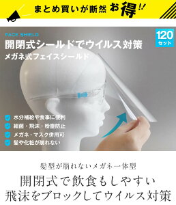 フェイスシールド 開閉式 眼鏡型 120枚セット 可動式 メガネ式 飲食可能 くもり止め加工 メガネ併用可能 マスク併用可能 洗える メガネタイプ めがね型 可動式 大人用 女性用 子供用 透明度が高い 見やすい 目立たない 即納 フェイスカバー フェイスガード ZK685-FSM120