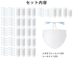 フェイスシールド 開閉式 眼鏡型 120枚セット 可動式 メガネ式 飲食可能 くもり止め加工 メガネ併用可能 マスク併用可能 洗える メガネタイプ めがね型 可動式 大人用 女性用 子供用 透明度が高い 見やすい 目立たない 即納 フェイスカバー フェイスガード ZK685-FSM120