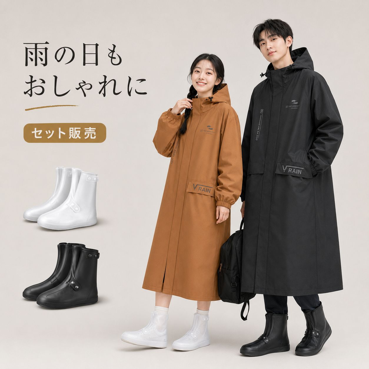 雨の日の全身対策を、これ1セットで。 男女兼用ロングレインコート＋防水シューズカバー セット内容 ・男女兼用ロングレインコート × 1着 ・防水レインシューズカバー × 左右1組 通勤・通学・自転車・バイク・買い物・アウトドアなど、雨の日のさまざまなシーンに活躍する便利なセットです。 レインコートのおすすめポイント 防水仕様 PVCコーティングを施した生地が、水滴や雨の侵入を抑えます。雨の日の通勤・通学にもおすすめです。 ロング丈 膝下から足元付近までカバーしやすい長めの設計。一般的なショート丈の雨具では濡れやすい脚まわりも守ります。 立体フード 顔まわりを覆いやすい立体的なフード設計。ドローコードでフィット感を調節できます。 二重前立て ファスナーとスナップボタンを組み合わせた前立て構造で、正面から入り込む雨や風を軽減します。 ゴム袖口 袖口が手首にフィットしやすいゴム仕様。袖口からの雨風の侵入を抑えます。 大きめポケット スマートフォンや鍵などの小物を収納しやすいフラップ付きポケットを配置しています。 男女兼用 性別を問わず使いやすいシンプルなユニセックスデザイン。家族やカップルで揃えるのもおすすめです。 防水シューズカバー 雨の日に濡れやすい靴を上から覆うミドル丈の防水シューズカバーです。 ・筒高約20cm ・ホワイト、ブラックの2色展開 ・足首側と甲側を固定できるダブルスナップ仕様 ・大きく開いて着脱しやすい設計 ・滑りにくい凹凸ソール ・柔らかく折りたたみ可能 ・男女兼用 レインコートサイズ表 サイズ 着丈 胸囲 袖丈 おすすめ身長 M 122cm 124cm 76cm 150～160cm L 126cm 130cm 81cm 160～170cm XL 130cm 136cm 81cm 170～180cm 2XL 134cm 142cm 83cm 180～190cm カラーバリエーション レインコート グリーン／ベージュ／キャメル／ブラック シューズカバー ホワイト／ブラック シューズカバーサイズ S 靴サイズ34～35対応 M 靴サイズ36～37対応 L 靴サイズ38～39対応 XL 靴サイズ40～41対応 2XL 靴サイズ42～43対応 3XL 靴サイズ44～45対応 サイズ選びについて ・キャンバスシューズや薄底の靴は、通常サイズまたは小さめサイズがおすすめです。 ・一般的なスニーカーは、通常サイズを目安にしてください。 ・厚底スニーカー、登山靴、ブーツ類は、ワンサイズ大きめをおすすめします。 ・靴の形状やソールの厚みにより、着用感が異なる場合があります。 商品仕様 商品名：男女兼用ロングレインコート＋防水シューズカバーセット レインコートカラー：グリーン／ベージュ／キャメル／ブラック レインコートサイズ：M／L／XL／2XL レインコート素材：PVCコーティング生地 耐水圧：10,000mmH2O シューズカバーカラー：ホワイト／ブラック シューズカバー筒高：約20cm 対象：男女兼用 使用シーン：通勤／通学／自転車／バイク／買い物／アウトドア／梅雨対策 ご購入前にご確認ください ※完全防水を保証するものではありません。長時間の強い雨や使用状況により、縫い目や開口部から水が浸入する場合があります。 ※サイズは平置き採寸のため、1～2cm程度の誤差が生じる場合があります。 ※モニターや照明環境により、実際の商品と色味が異なって見える場合があります。 ※シューズカバーは靴の形状、ソールの厚さ、靴幅によってフィット感が異なります。 ※濡れたタイル、金属面、マンホールなどでは滑る場合がありますので、十分ご注意ください。 ※商品仕様や細部のデザインは、入荷時期により予告なく変更される場合があります。